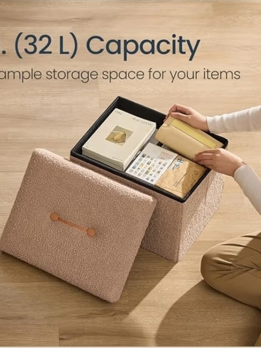 Plush Bouclé Storage Ottoman with Lid - Blush Pink
